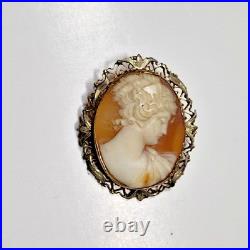 10K Gold Exquisite Shell Cameo Brooch/Pendant Antique Victorian Hand Carved