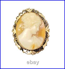 10K Gold Exquisite Shell Cameo Brooch/Pendant Antique Victorian Hand Carved
