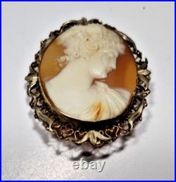 10K Gold Exquisite Shell Cameo Brooch/Pendant Antique Victorian Hand Carved