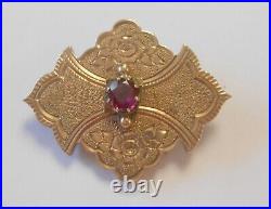 10K Yellow Gold & Amethyst Victorian Ornate Hand Chased Floral Design Brooch Pin