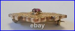 10K Yellow Gold & Amethyst Victorian Ornate Hand Chased Floral Design Brooch Pin