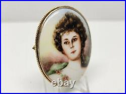 10k GOLD Antique 1902 Portrait Brooch Cameo Hand Painted Porcelain Victorian Pin