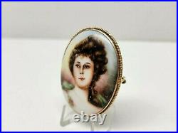 10k GOLD Antique 1902 Portrait Brooch Cameo Hand Painted Porcelain Victorian Pin