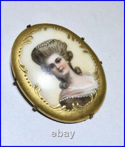 10k Gold Antique Victorian Hand Painted Porcelain Portrait Brooch Pin