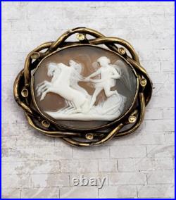 12K Gold Plate Victorian Pinchbeck Shell Cameo Brooch Pax w Horses of Mars