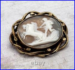 12K Gold Plate Victorian Pinchbeck Shell Cameo Brooch Pax w Horses of Mars