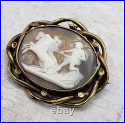 12K Gold Plate Victorian Pinchbeck Shell Cameo Brooch Pax w Horses of Mars