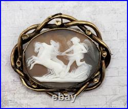 12K Gold Plate Victorian Pinchbeck Shell Cameo Brooch Pax w Horses of Mars