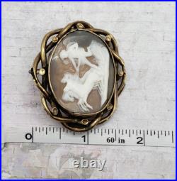 12K Gold Plate Victorian Pinchbeck Shell Cameo Brooch Pax w Horses of Mars