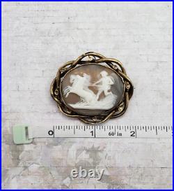 12K Gold Plate Victorian Pinchbeck Shell Cameo Brooch Pax w Horses of Mars