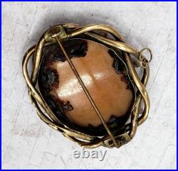 12K Gold Plate Victorian Pinchbeck Shell Cameo Brooch Pax w Horses of Mars