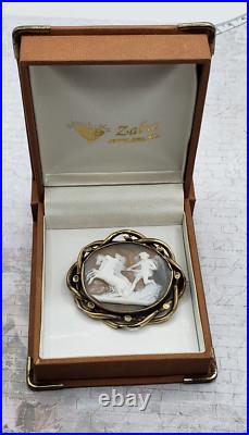 12K Gold Plate Victorian Pinchbeck Shell Cameo Brooch Pax w Horses of Mars