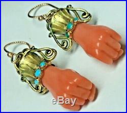14K Gold Antique Victorian Carved Coral Figa Hand Earrings with Turquoise Bracelet