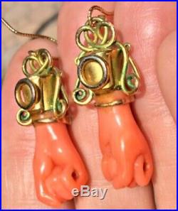 14K Gold Antique Victorian Carved Coral Figa Hand Earrings with Turquoise Bracelet