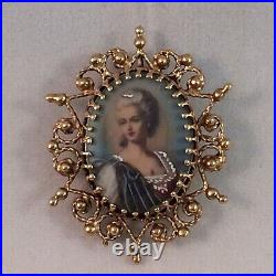 14K Gold Victorian Revival Brooch Pin Pendant Woman Portrait Blue Hand-Painted