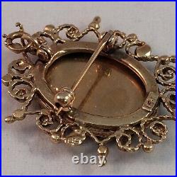 14K Gold Victorian Revival Brooch Pin Pendant Woman Portrait Blue Hand-Painted