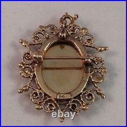 14K Gold Victorian Revival Brooch Pin Pendant Woman Portrait Blue Hand-Painted