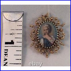 14K Gold Victorian Revival Brooch Pin Pendant Woman Portrait Blue Hand-Painted