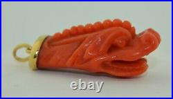 14K Victorian Hand Carved Coral Dragon Pendant