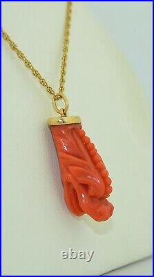 14K Victorian Hand Carved Coral Dragon Pendant