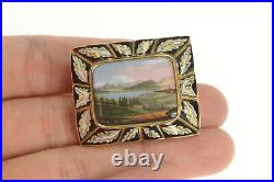 14K Victorian Mountain Valley Hand Painted Enamel Pin/Brooch Yellow Gold 87