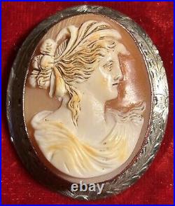 14K White Gold Antique Victorian Hand Carved Shell Cameo Brooch. # MP