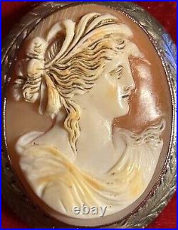 14K White Gold Antique Victorian Hand Carved Shell Cameo Brooch. # MP