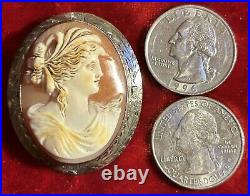 14K White Gold Antique Victorian Hand Carved Shell Cameo Brooch. # MP