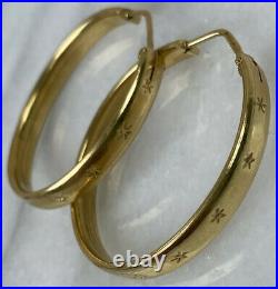 14K Yellow Gold Antique Earrings Hoop Hand-Etched Star Celestial Victorian