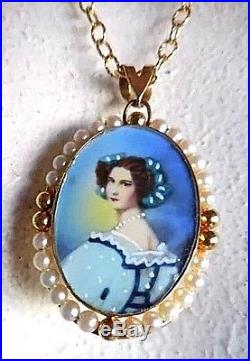 14K Yellow Gold Antique Pendant Hand Painted Victorian Portrait WithPearls Pin 11g