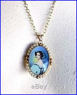 14K Yellow Gold Antique Pendant Hand Painted Victorian Portrait WithPearls Pin 11g