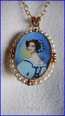 14K Yellow Gold Antique Pendant Hand Painted Victorian Portrait WithPearls Pin 11g