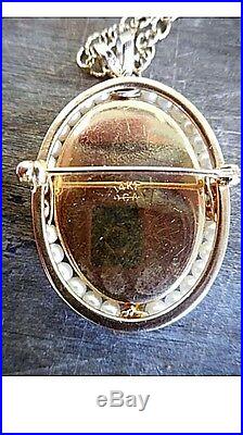 14K Yellow Gold Antique Pendant Hand Painted Victorian Portrait WithPearls Pin 11g