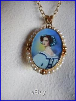 14K Yellow Gold Antique Pendant Hand Painted Victorian Portrait WithPearls Pin 11g