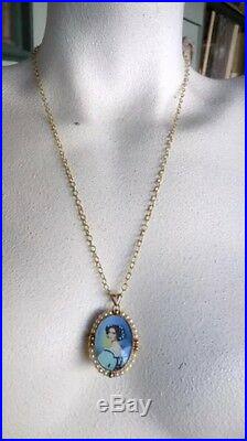 14K Yellow Gold Antique Pendant Hand Painted Victorian Portrait WithPearls Pin 11g