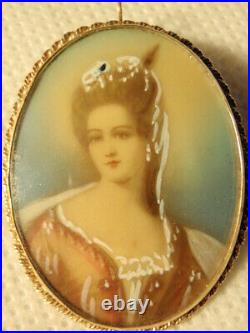 14K Yellow Gold Hand Painted Victorian Lady Cameo Portrait Brooch Pin Pendant