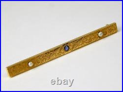 14 kt Gold WAB Victorian Montana Sapphire & Seed Pearl Bar Pin / Brooch A7660