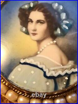 14k Gold And Pearl Brooch Pendant With Hand Painted Victorian Portrait Of Lady