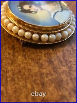 14k Gold And Pearl Brooch Pendant With Hand Painted Victorian Portrait Of Lady