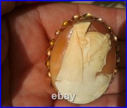 14k Gold Antique Victorian Hand Carved Cameo Shell Large 3d Stunning Details