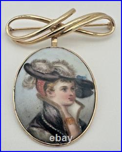 14k Gold Victorian Porcelain Hand Painted Lady Enamel Pendant/Pin