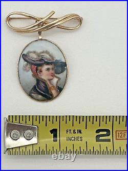 14k Gold Victorian Porcelain Hand Painted Lady Enamel Pendant/Pin