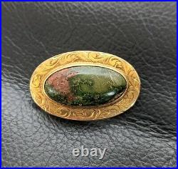 14k Scottish Yellow Gold Bloodstone Pin Brooch Hand Engraved Scrollwork 1880's