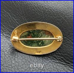 14k Scottish Yellow Gold Bloodstone Pin Brooch Hand Engraved Scrollwork 1880's