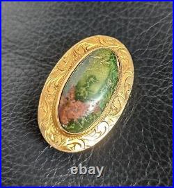 14k Scottish Yellow Gold Bloodstone Pin Brooch Hand Engraved Scrollwork 1880's