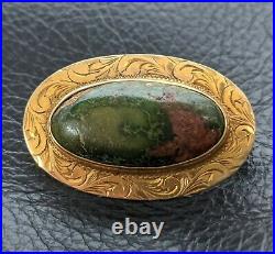 14k Scottish Yellow Gold Bloodstone Pin Brooch Hand Engraved Scrollwork 1880's