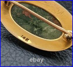 14k Scottish Yellow Gold Bloodstone Pin Brooch Hand Engraved Scrollwork 1880's