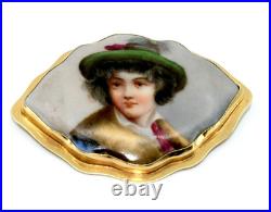 14k Solid Yellow Gold Antique Victorian Hand Painted Porcelain Brooch