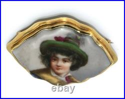 14k Solid Yellow Gold Antique Victorian Hand Painted Porcelain Brooch