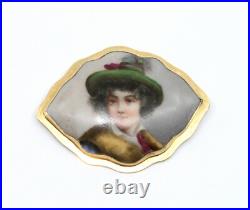 14k Solid Yellow Gold Antique Victorian Hand Painted Porcelain Brooch